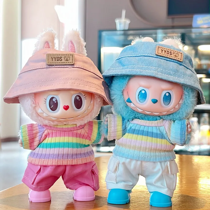 

Clothes For Labubu 15/17Cm Dolls Gen 1-3 Cute Rainbow Stripe T-Shirt Cargo Pants Hat Set Apparel Hanging Accessories