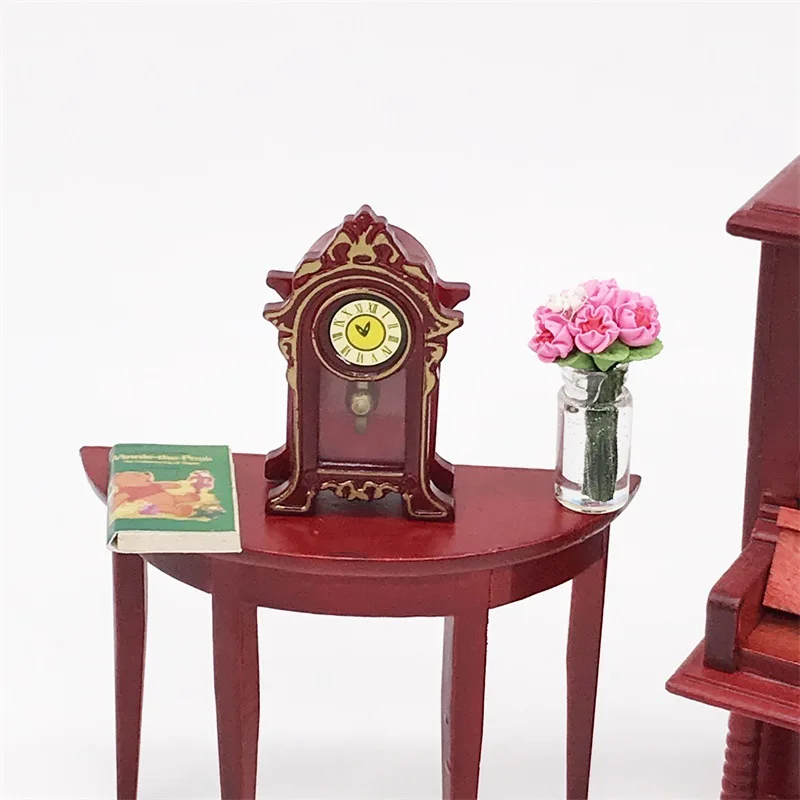 1:12 Dollhouse Retro Trojan Miniature Items Coffee Table Red Old Table Clock Half-round Table Doll House Accessories Furnitures