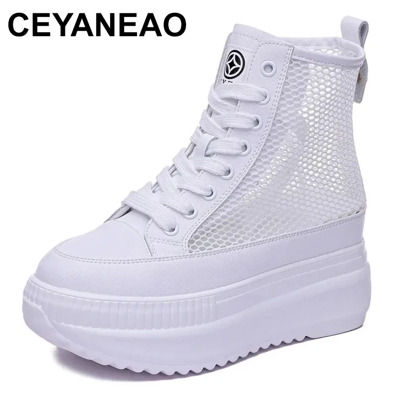 8CM Summer Boots New Hollow Out Women Sandals Fashion Breathable Mesh Shoes Ankle Cool Boot with Bandage Women sneakers