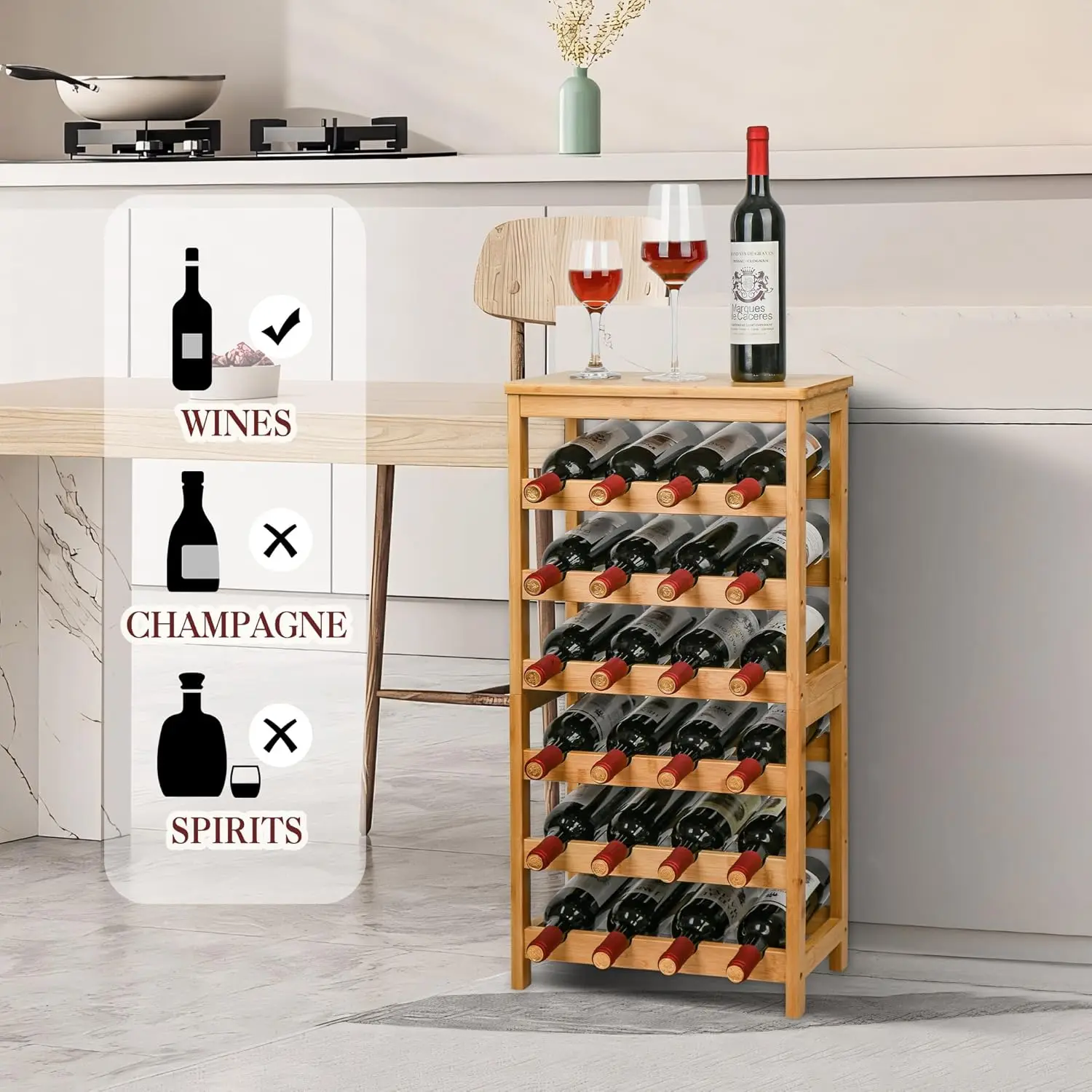6-Tier Bamboo Wine Rack with Table Top, Holds 24 Bottles for Kitchen Bar Dining Living Room, Natural Finish