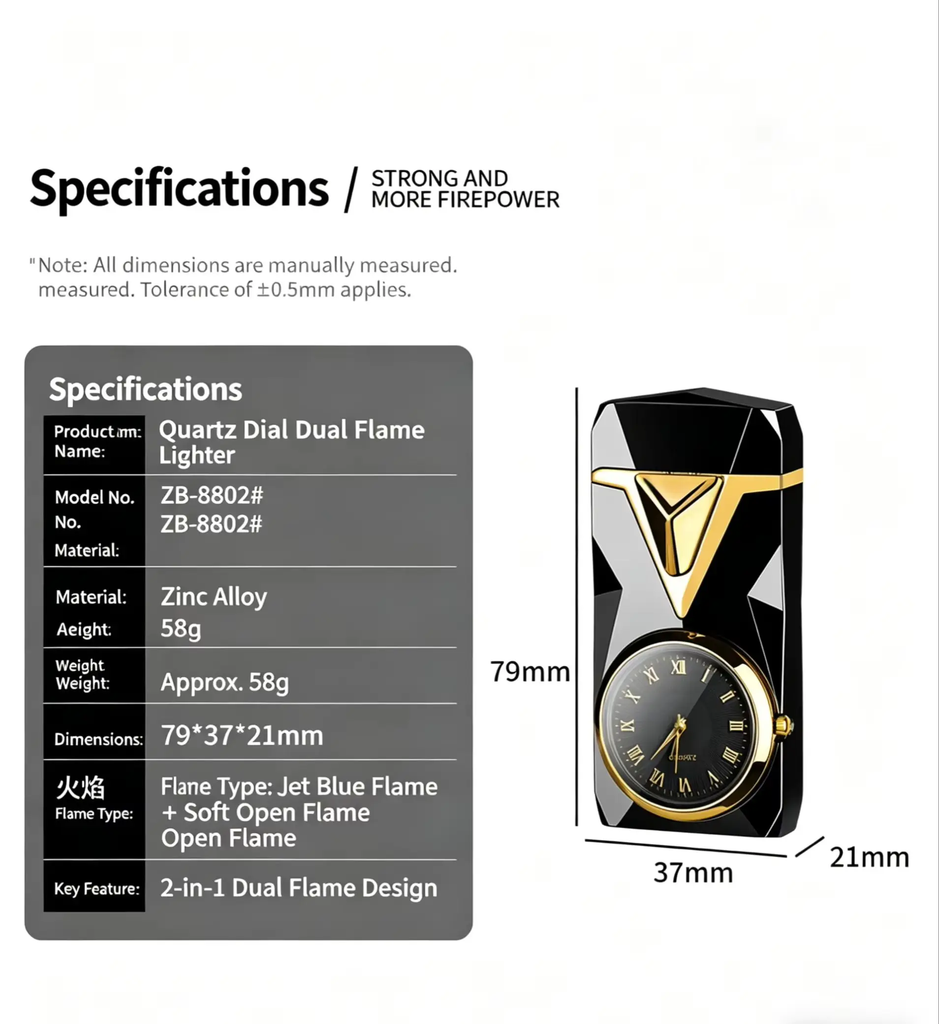 2-in-1 Dual Flame Butane Lighter with Quartz Watch, Windproof Jet & Soft Flame Refillable Gas Lighter, Metal Alloy Cool Lighter
