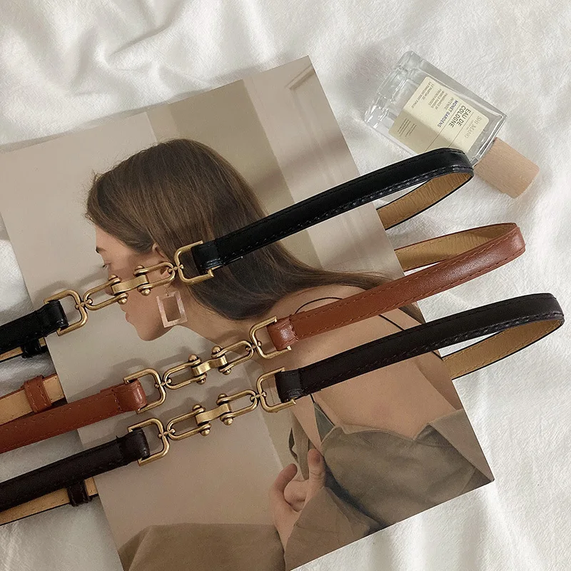 

Retro Metal PU Thin Belt for Women Korean Sweater Senior Simple No Punching Waistband High Quality Designer Brand Belts