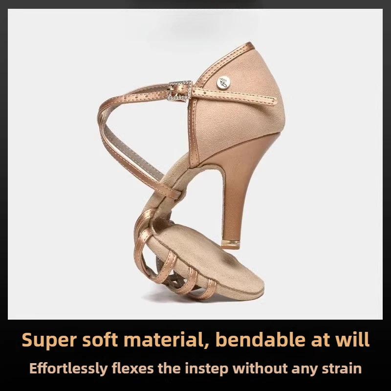 ヴェニースタイル ラテンダンスシューズ 女性用、プロフェッショナル練習用 フレキシブルソール ミディアムヒール、社交ダンス練習用シューズ