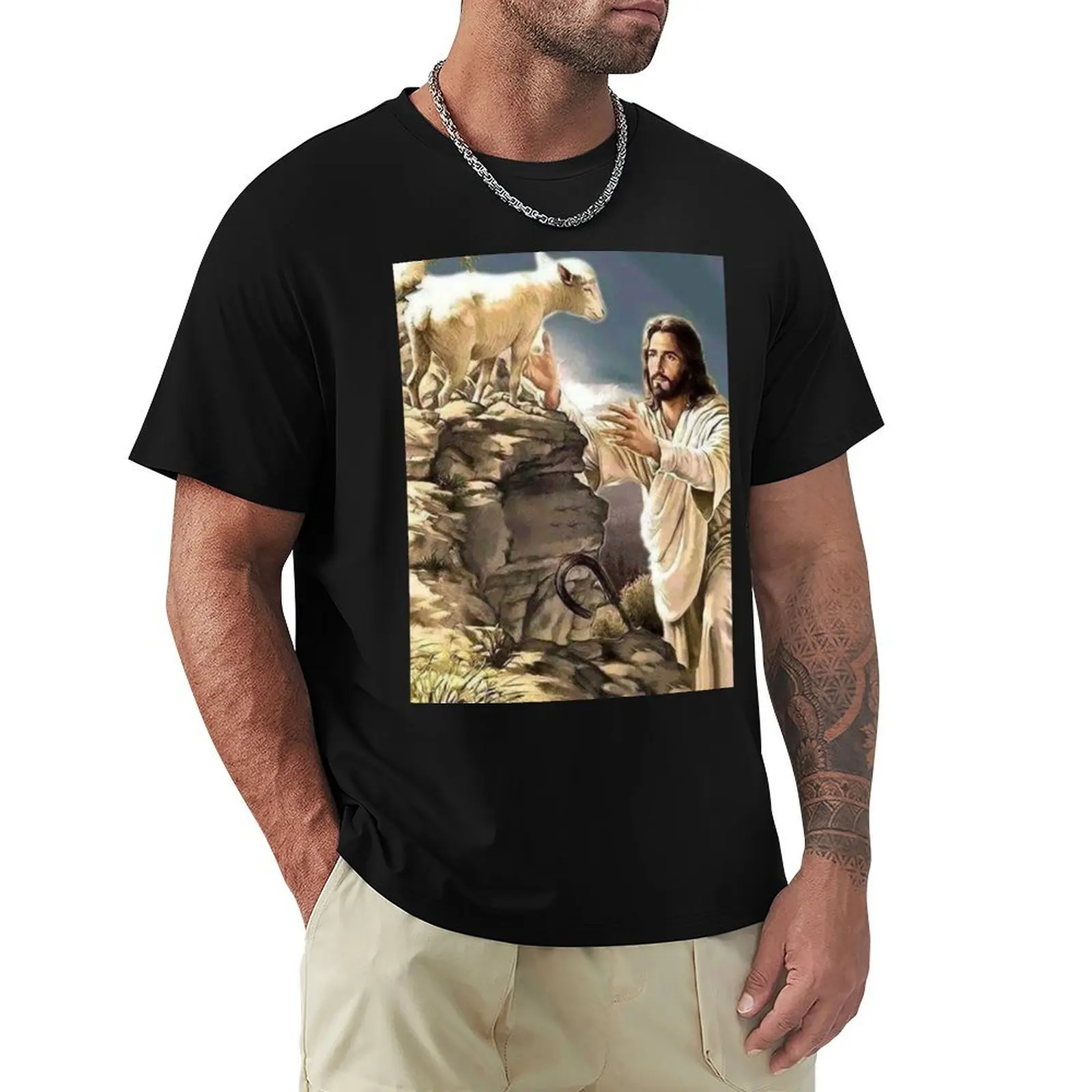 

Jesus Christ And the Lost Sheep .2. BLK T-Shirt anime stuff luxury designer shirts graphic tee Men's cotton t-shirt
