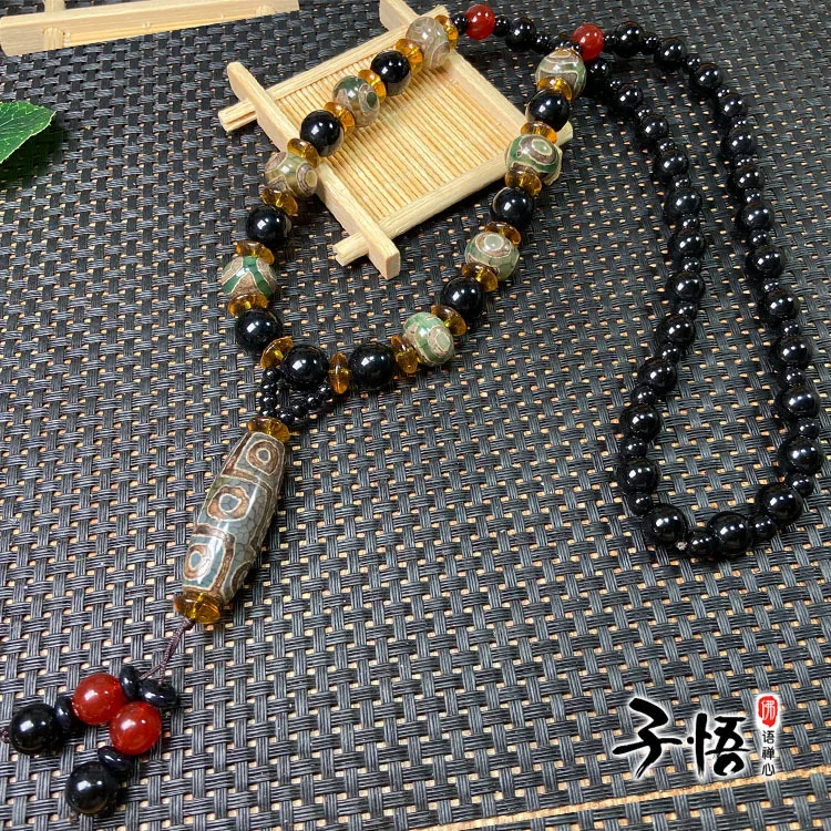 F Tibetan retro old agate nine-eyed beads necklace Long Lin three-eyed beads abacus beads sweater chain