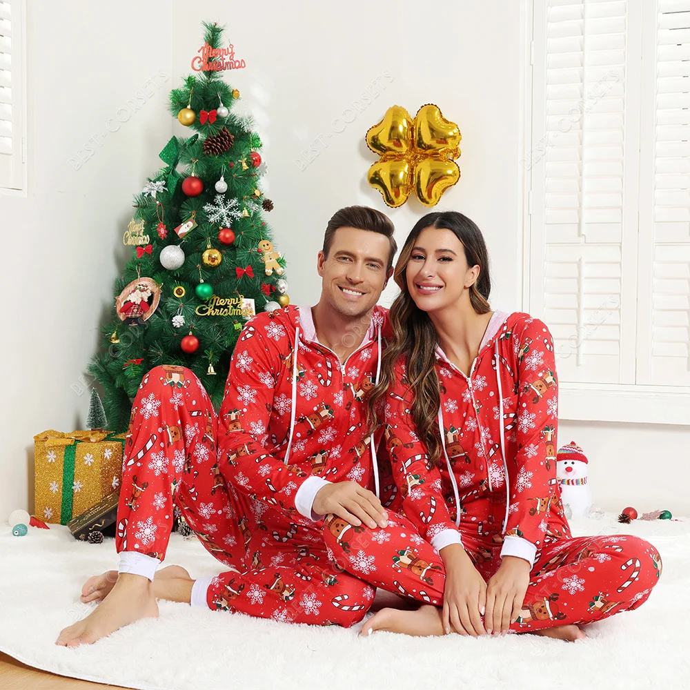 Christmas Pajamas Women Men Onesie Long Sleeves Hoodie Onesie Zipper Family Pajamas Matching Sets