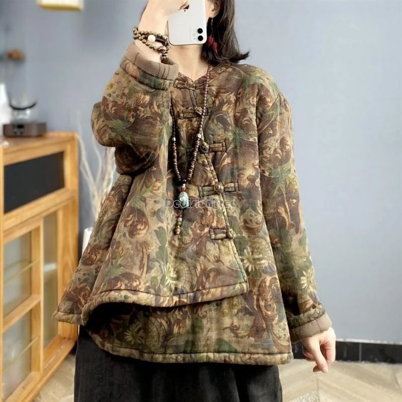 2025 fashionable retro style cotton linen coat chinese style dainty printed irregular design coat plush thicken temperament top