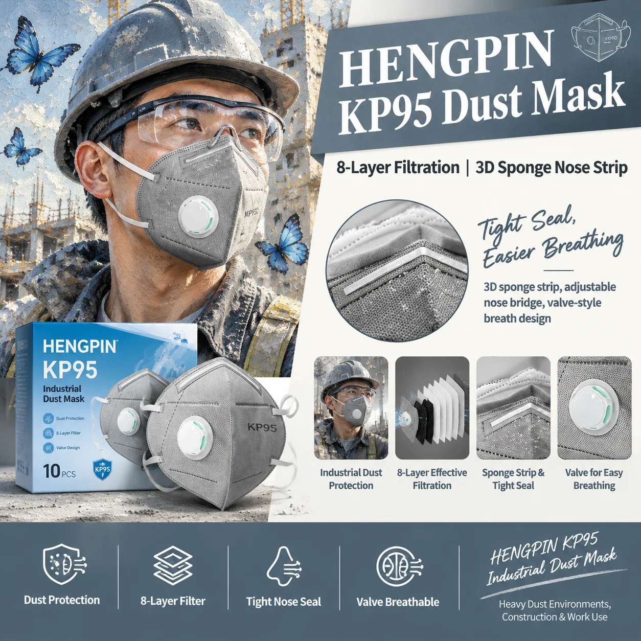 KP95 Industrial Dust Mask With Breath Valve 8-Layer Filtration 3D Sponge Nose Strip Anti Dust Oil Fume Formaldehyde Safety