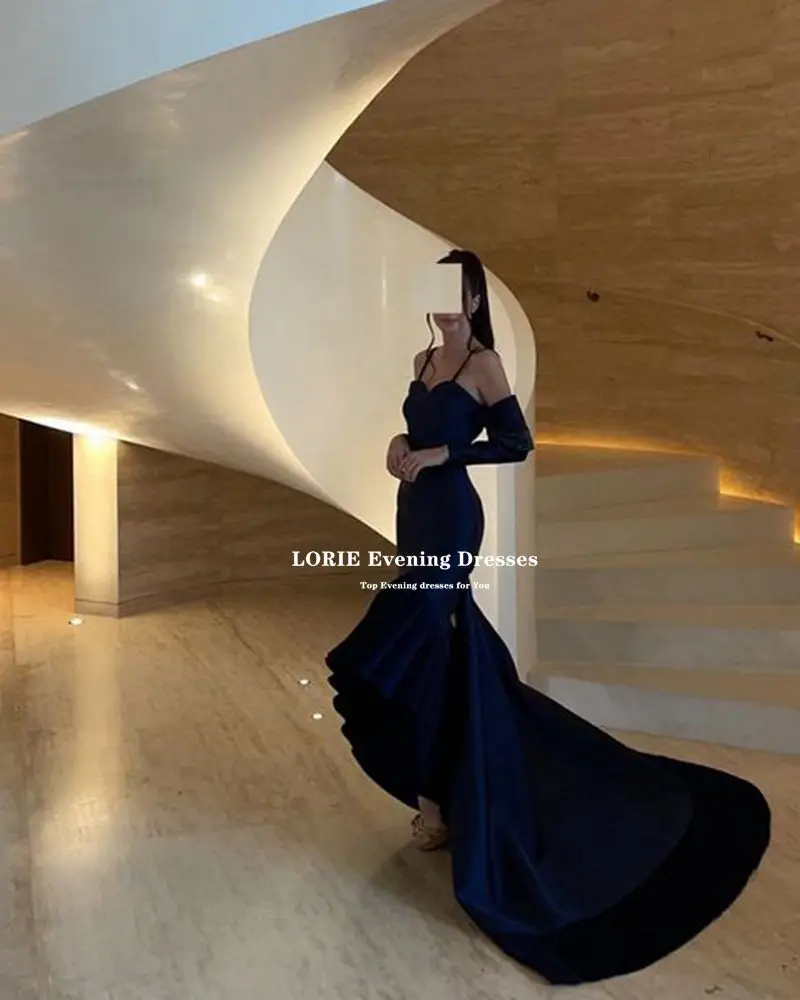 LORIE Elegant Navy Blue Prom Dress Sleeve Beadings Evening Dresses Floor Length Mermaid Sweetheart Celebrity Dresses Party Gowns