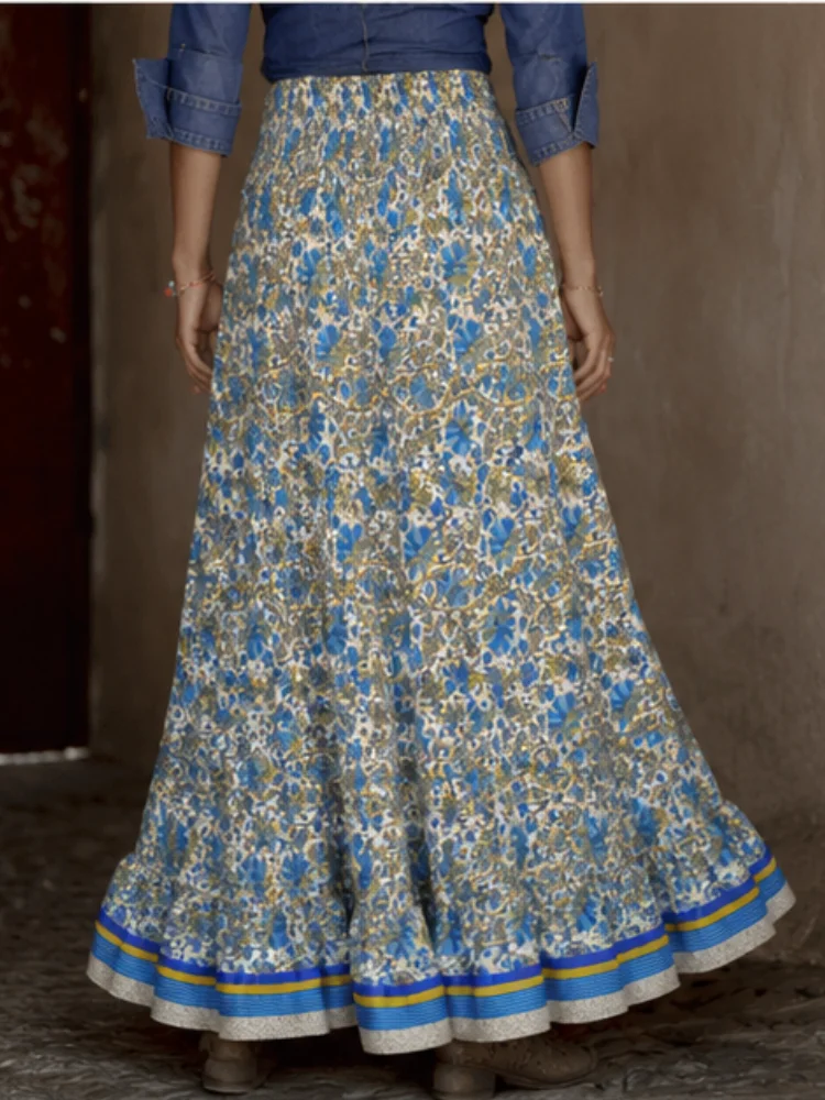 Coastal Cowgirl Denim Print Midi Skirt with Slit Western Cowboy Core Elastic Waist Skirt, Summer Ranch Vacation Outfit