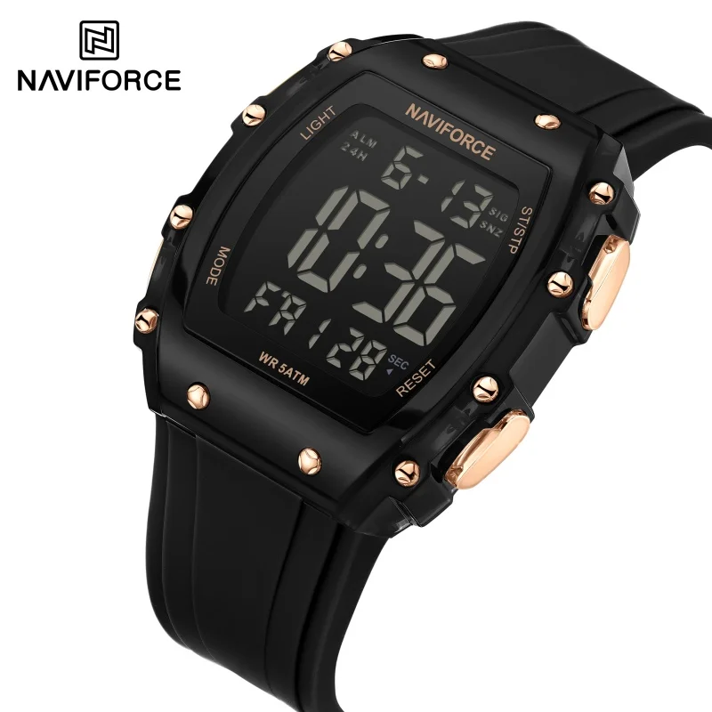

NAVIFORCE Роскошные ЖК-цифровые спортивные часы для мужчин, модный повседневный будильник, 50 м, водонепроницаемый силиконовый ремешок, электронные наручные часы