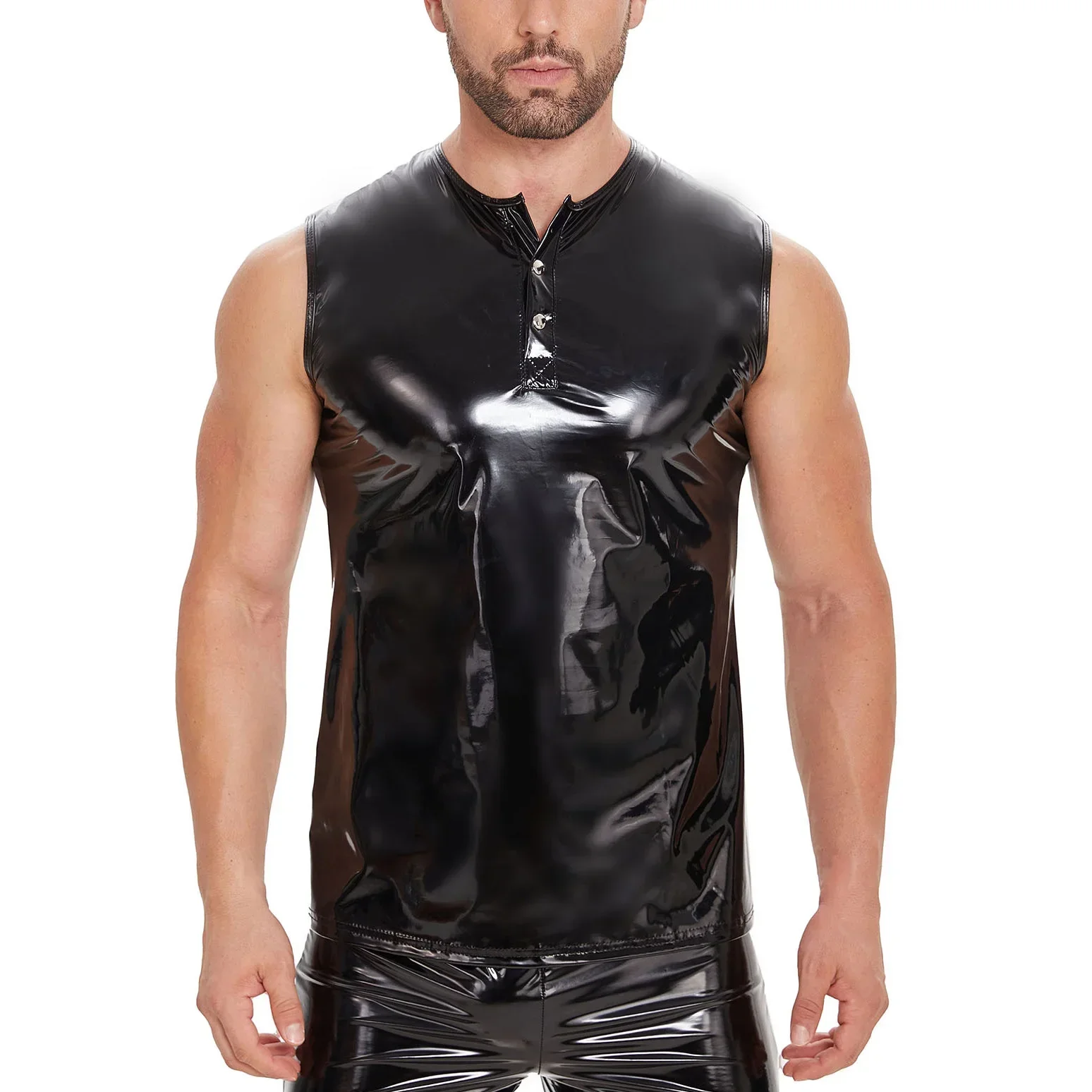 Men Buttons Tight Sleeveless T-shirts Fashion Casaul Tank Tops Shapers Muscle Fitness Vests  Shiny Wet Look PVC Leather Singlets