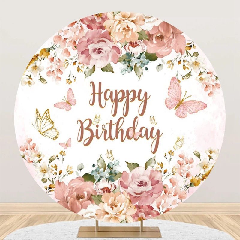 Butterfly Girl\'s Birthday Round Backdrops Photography Baby Shower Portrait Photographic Party Circle Backgrounds With Elastic