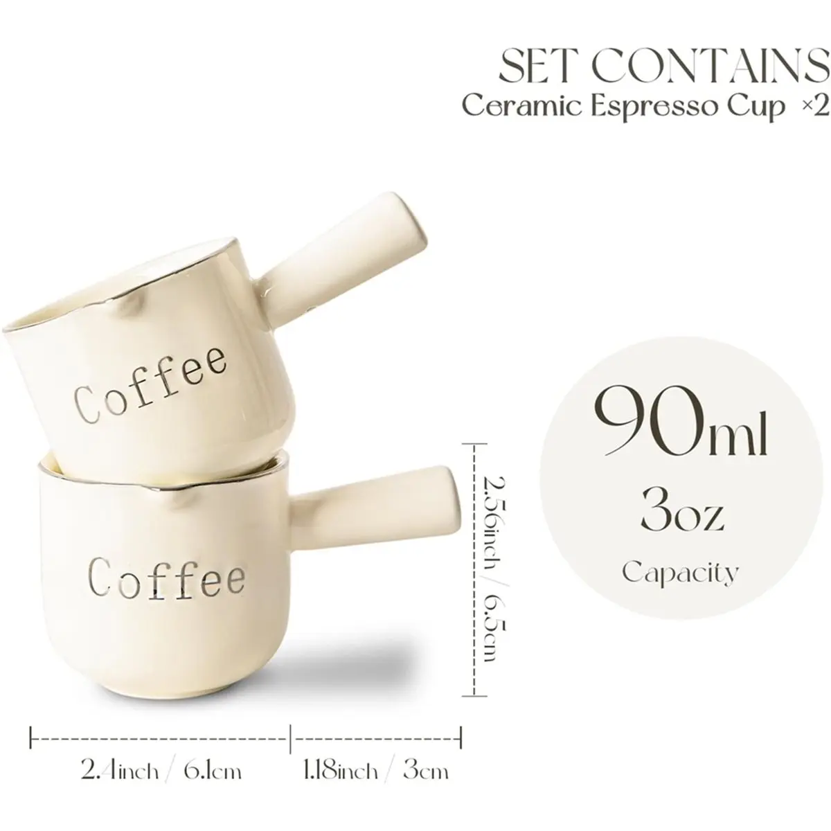 A67T NEW Espresso Cups, Ceramic Measuring Cup, 90ML Cup with Handle, Shot Cup with V-Shaped Mouth, Pitcher for Espresso Making