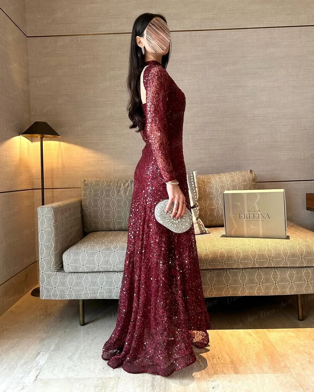Suknia wieczorowa Ranmo Burgundy Sparkly Lace A-line z długimi rękawami, wysokim dekoltem, plisami, w stylu arabskim، فساتين سهرة, suknia na bal, szyta na miarę