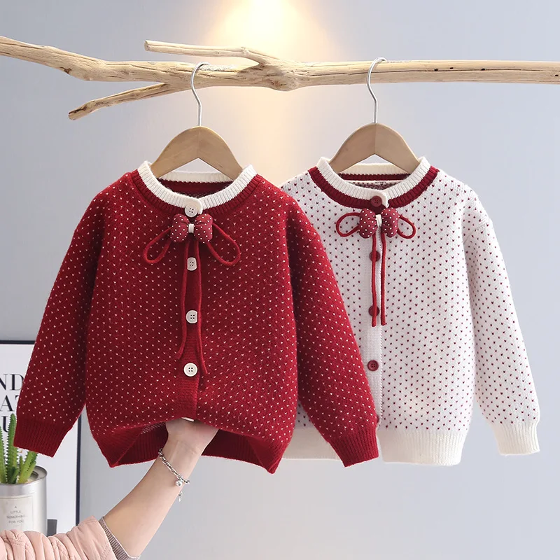 

Girls Knitted Cardigan with Bow-tie Tassel New Spring Autumn Princess Girl Fashionable Sweater All Over Print Polka Dots IY05281