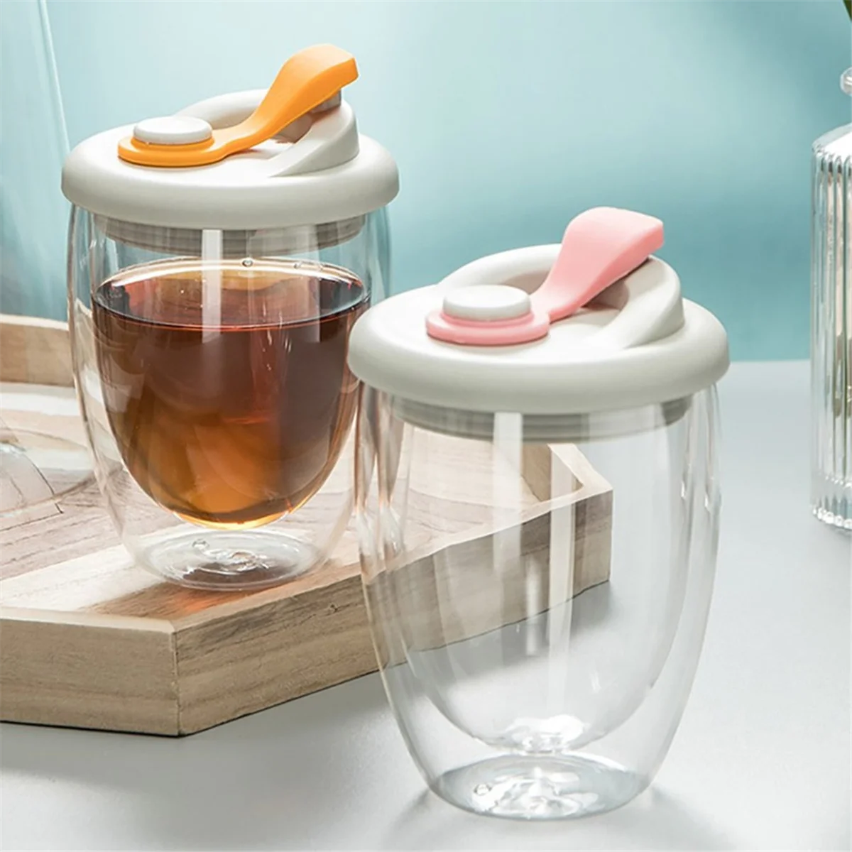 AM38M Double Wall Glass Water Cup with Leak-Proof Lid - Insulated Transparent Coffee Mug for Milk, Tea, Juice Drinkware Blue