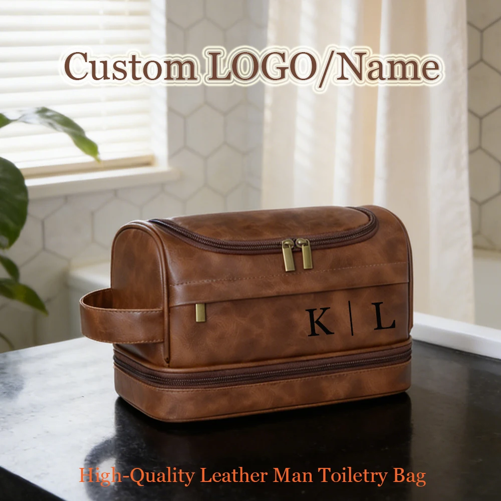 New Personalized Custom Hanging Cosmetic Bag Large Capacity PU Leather Double Layered Men Wash Bag Travel Makeup Organizer