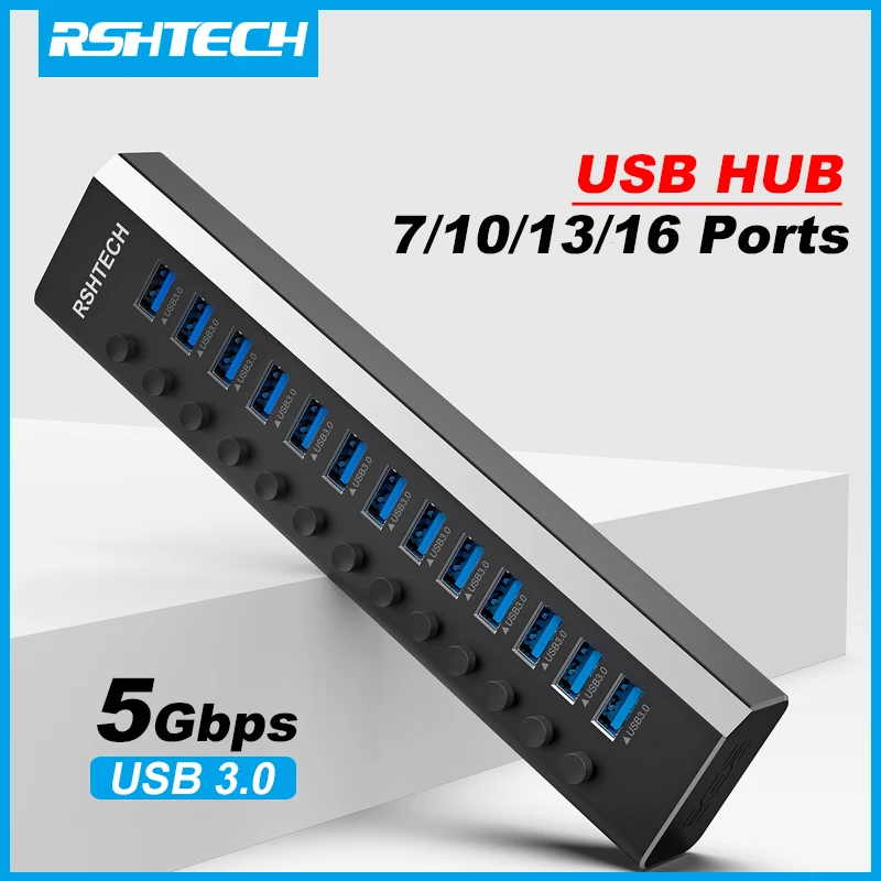 7/10/13/16 พอร์ต USB Hub อลูมิเนียม USB 3.0 Data Hub Expander พร้อมสวิตช์เปิด/ปิดส่วนบุคคลสําหรับแล็ปท็อป MacBook Splitter