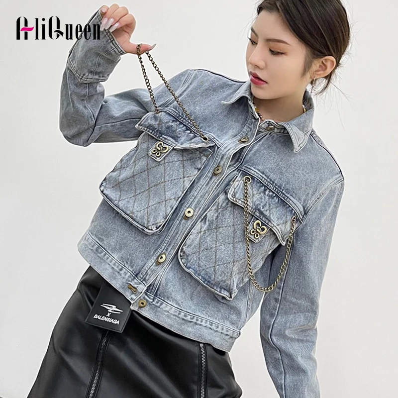 

Big Pockets Coats Women Causal Retro Short Jeans Jacket Blue Loose Chains Denim Jacket Cool Streetwear Autumn Jeans Coats Tops