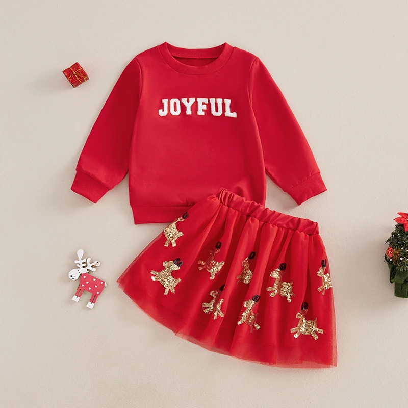 Girls Christmas 2PCS Skirt Outfits Long Sleeve Letter Embroidery Sweatshirt Sequins Elk Tulle Skirt Set