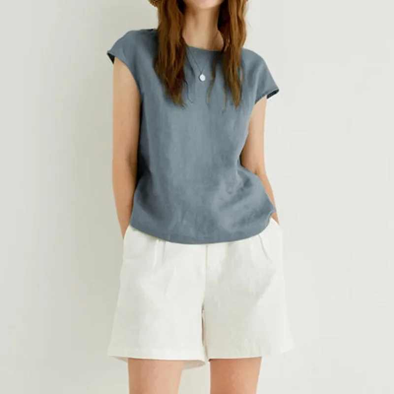 تي شيرت نسائي مقاس كبير من الكتان 100% تي شيرت غير رسمي بأكمام قصيرة ملابس خروج أساسية ملابس صيفية يابانية هاراجوكو بولوفرز #3