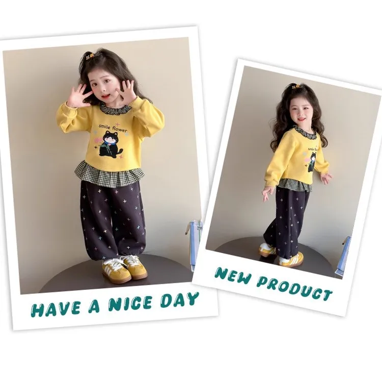 2026 Herbst Baby-Mädchen-Kleidungssets, Kinder-Sweatshirt mit Rüschenkragen und Cartoon-Print + Hose mit Sternenmuster, 2-teiliger Freizeitanzug für Kinder – Detail 9