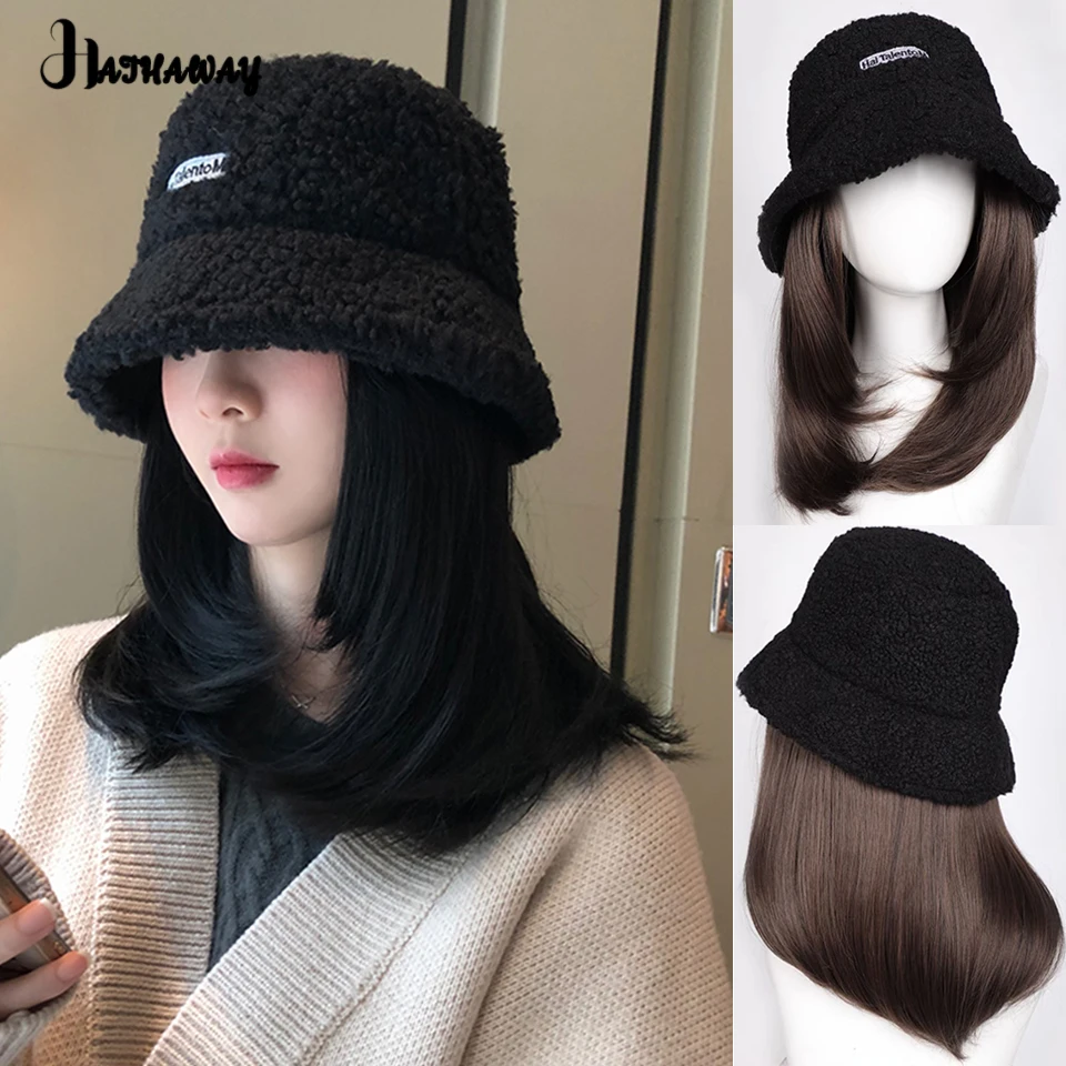 Synthetic Wig Hat Female Autumn And Winter Lamb Plush Round Face Fisherman Hat One Fashion Joker Clavicle Hair Daily Wear Wig