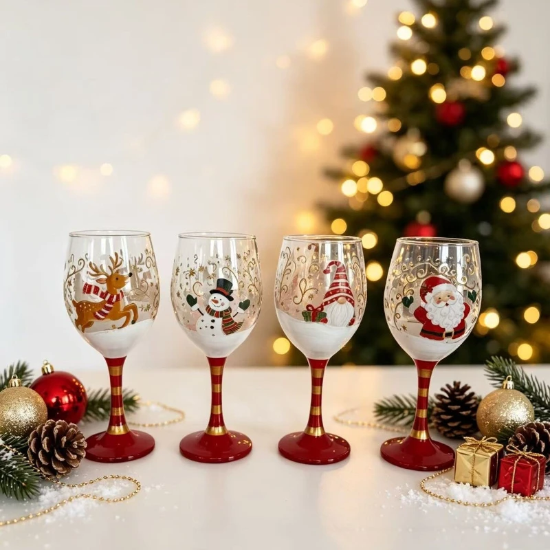 4pcs Set Painted Christmas Glass Goblet Xmas Wine Glass Red Wine Cup for Holiday Party Home Tabletop Atmosphere Decoration