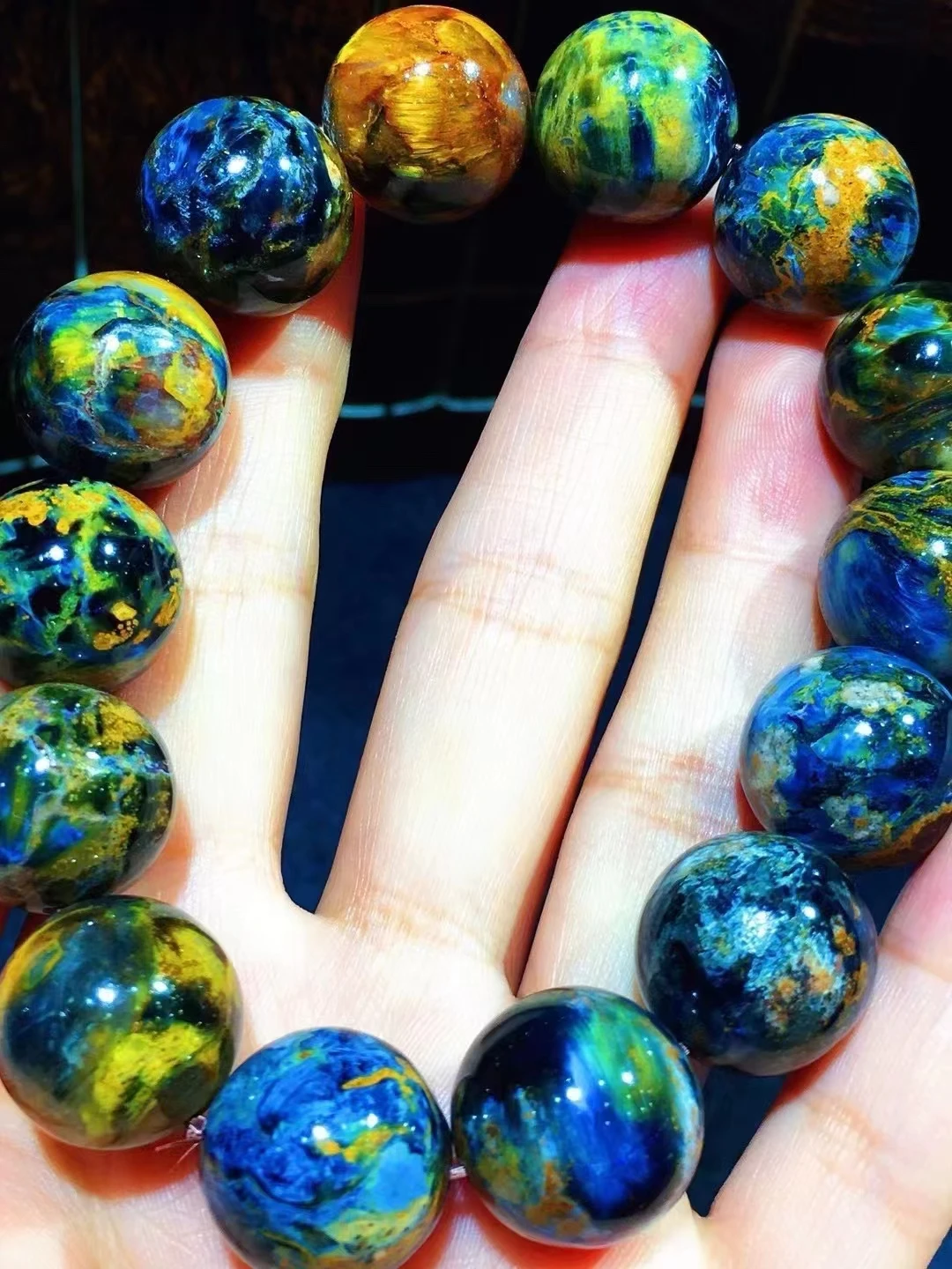 

Natural Blue Pietersite Women Chatoyant Bracelet 16mm Round Beads Cat Eye Namibia AAAAA