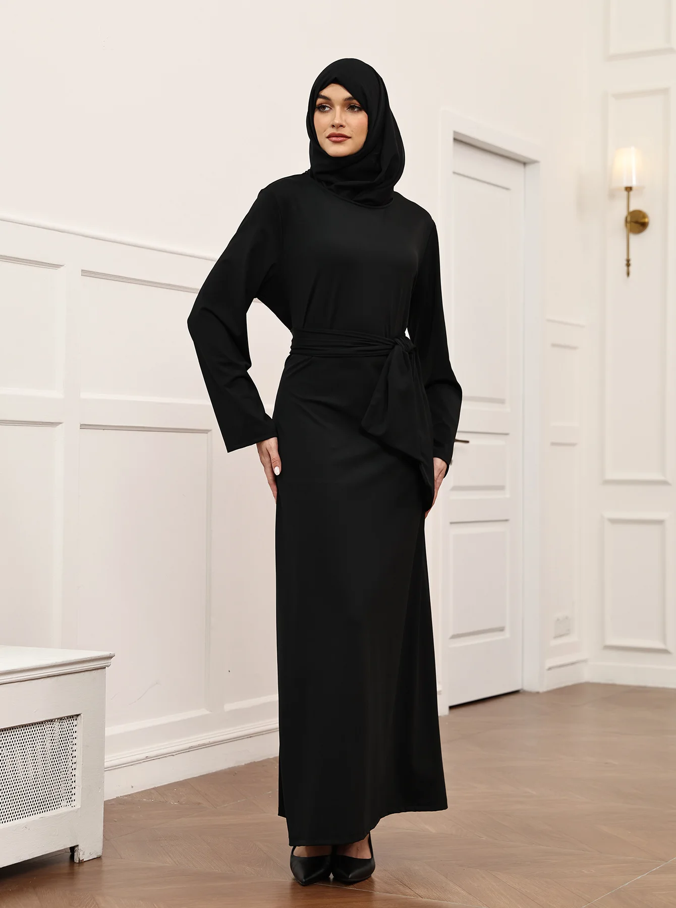 

2026 Ramadan Muslim Women Dress Black Arabian Robe Headscarf Belt Middle Eastern Dubai Abaya Kaftan Islam Clothing Jalabiya Gown