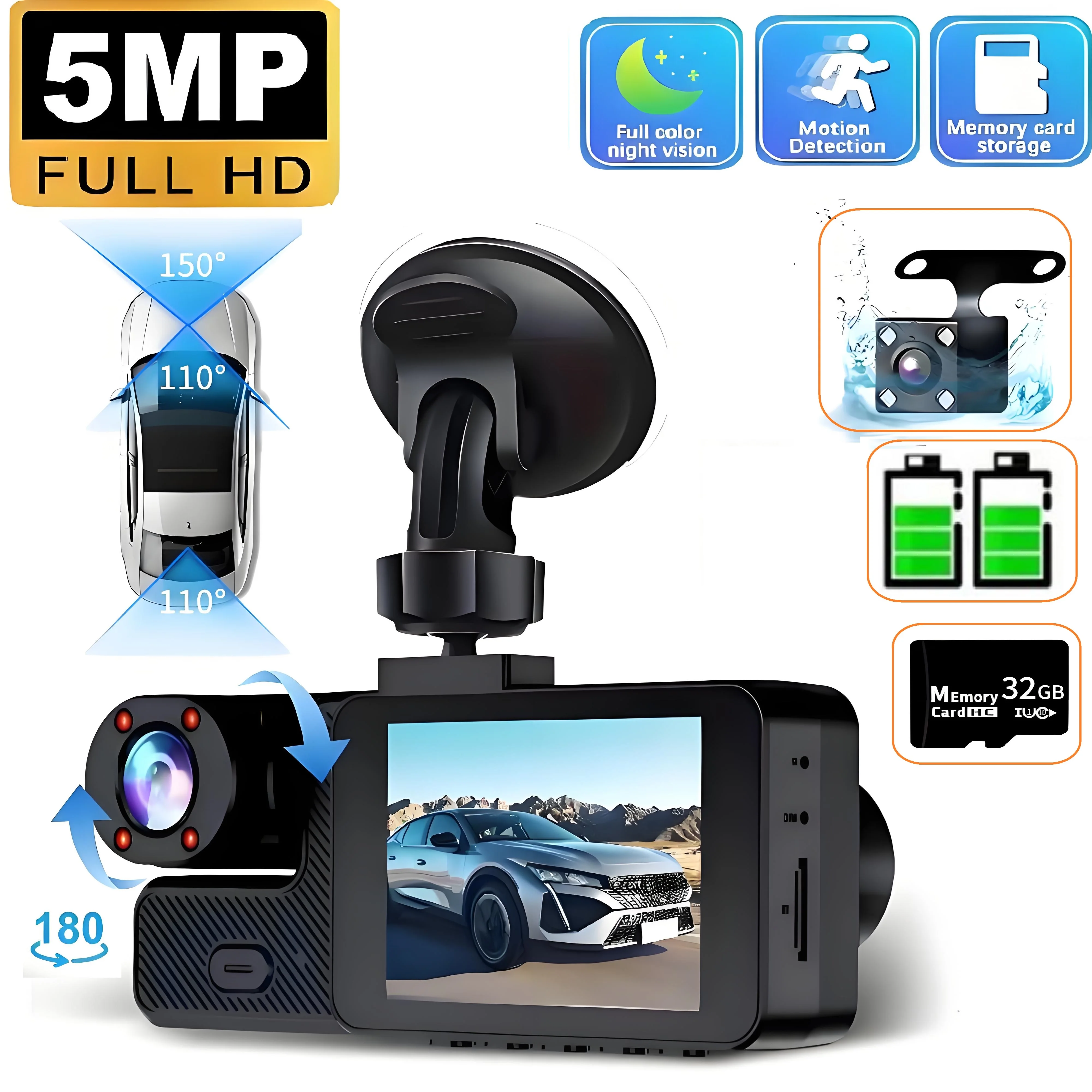 

Видеорегистратор 5 МП, 3-канальный автомобильный видеорегистратор, мини-камера, автомобильный рекордер, 3 объектива, видеорегистратор, передняя и задняя камера, ночное видение, непрерывная петля