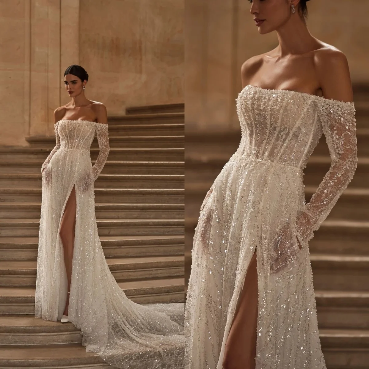 

Vintage A Line Women Wedding Dress Off Shoulder Long Sleeveless Bridal Gowns Sequins Split Side Sweep Train Dress Customized