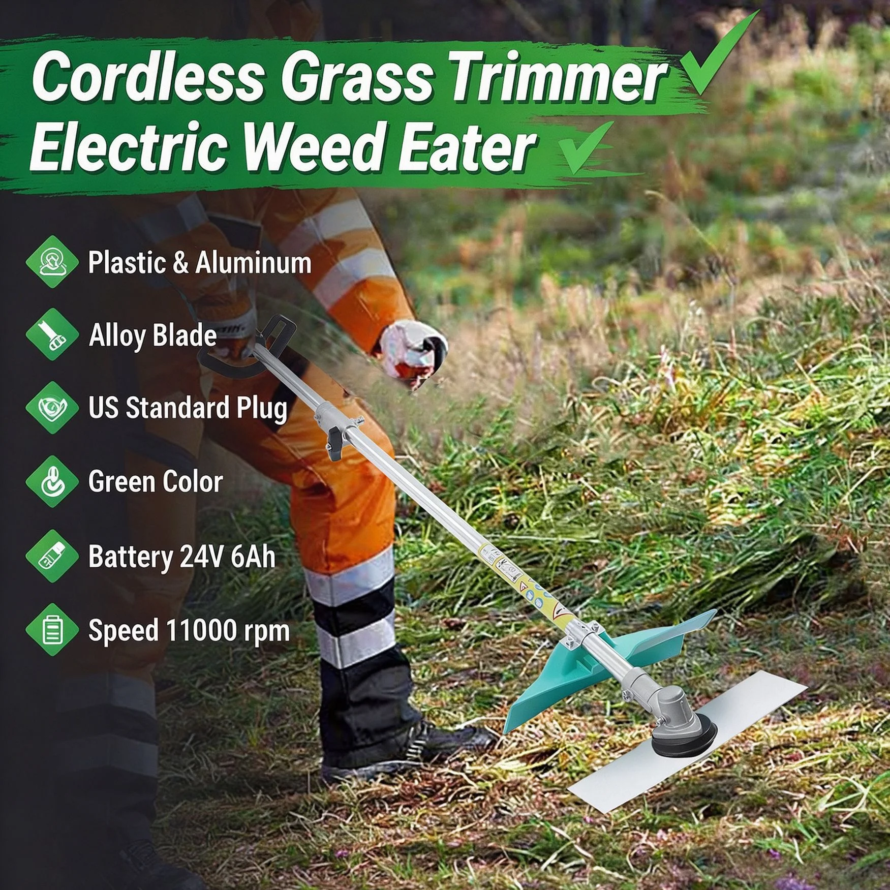 Green Lawn Trimmer,1300W Electric Lawn Mower,Garden Grass Cutter Cordless With Wheels, With Armrest, 24 V / 6Ah Lithium Battery