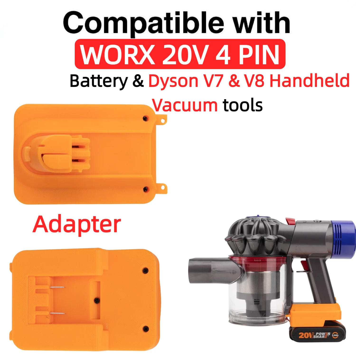 For WORX 20V 4 PIN Series Li-ion Battery Adapter TO Dyson V7 & V8 Handheld Vacuum Converter Power Tools Accessory(Only Adapter)
