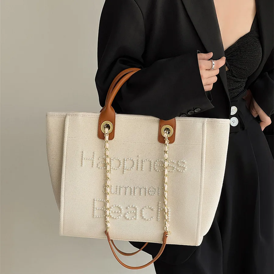 Borsa Shopper firmata da donna borsa a tracolla in tela di perle di perline di marca borsa a tracolla di grande capacità borsa da spiaggia con