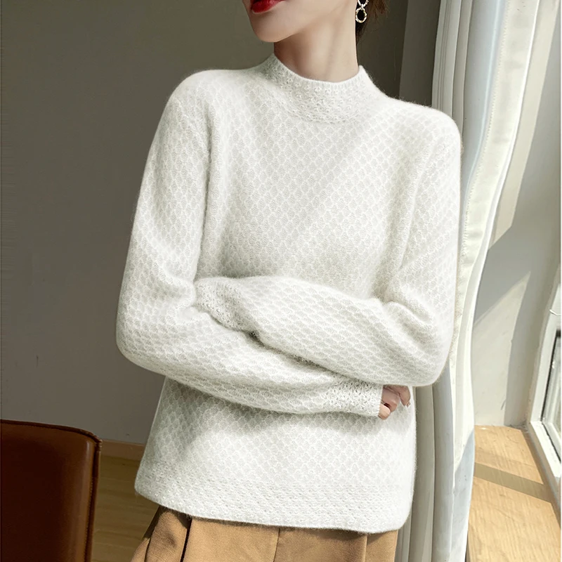 Autumn and Winter New Honeycomb Knitted Pattern Women's Sweater 100% Pure Wool Sweater Half Turtleneck Cuff Collar Crocheted Top