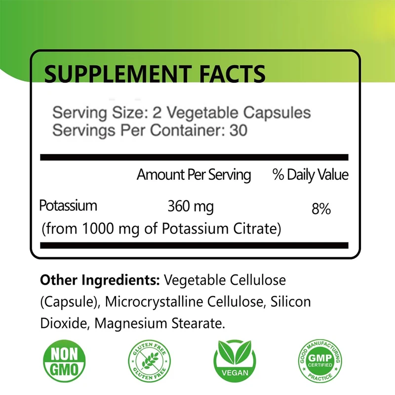 Potassium Citrate 1000mg, a potassium supplement for overall health, containing essential minerals in 60 vegetarian capsules