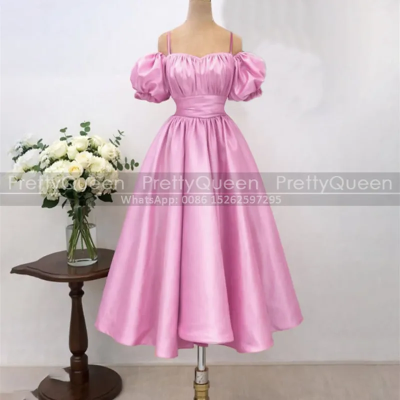 

Puink A Line Bridesmaid Dresses With Short Puff Sleeves Spaghetti Off Shoulder Customized Long Wedding Party Dress