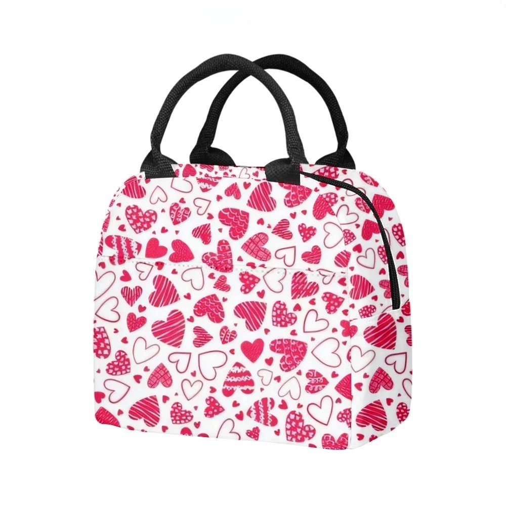 Love Red Colors Hearts Insulated Lunch Bag Side Pocket Waterproof Reusable Office Easy Clean Design for Work School Picnics