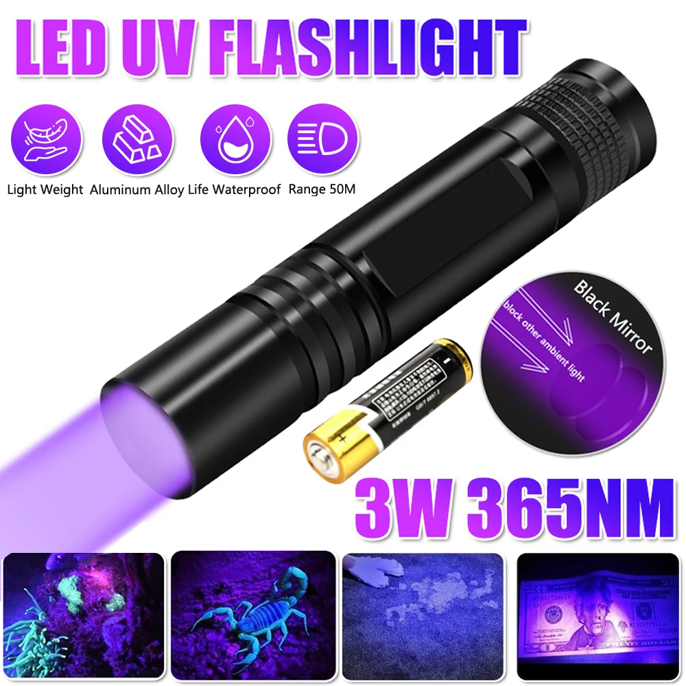 Mini 365nm UV Flashlight Blacklight Small 395nm Ultraviolet Inspection Torch Detector For Pet Dog Moss Stains Bed Bug Moldy Food