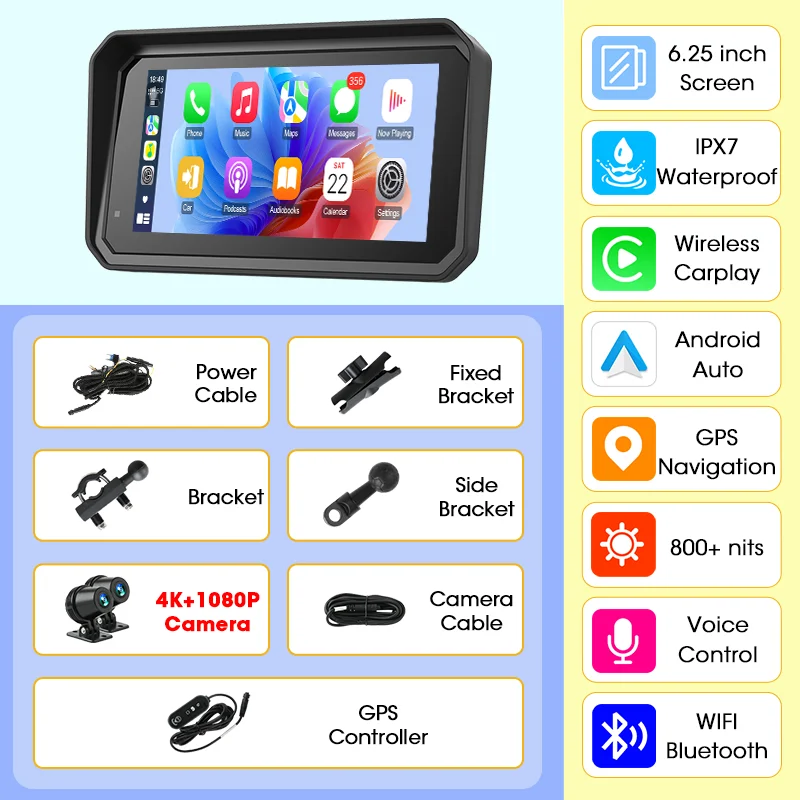 Jansite 6.25 inch 4 K/1080 P Motobike Draadloze Carplay Android Auto Digitale Motorfiets Dashboard GPS Navigatie Moto accessoires