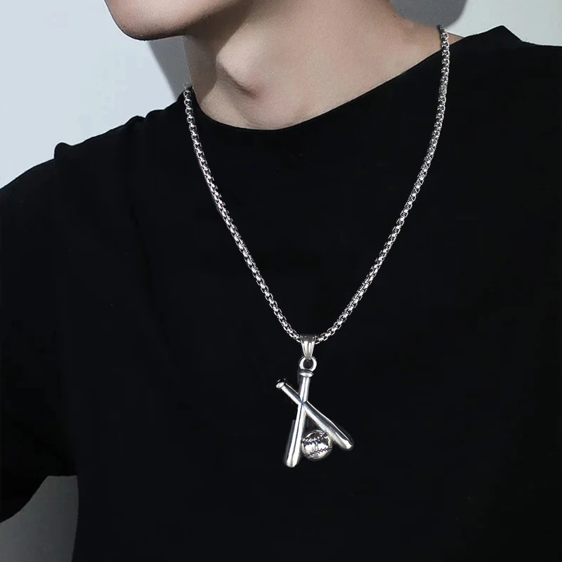 Sports Style Baseball Bat Pendant Necklace Women Men Hip Hop Silver Color Stainless Steel Chain Fashion Neck Jewelry Male Gifts