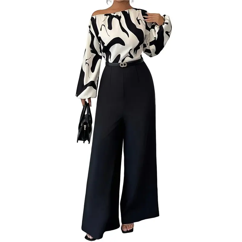 

ABRT-Women's Jumpsuit Patchwork Print Wide Leg Pants Elegant Casual Daily Wear One-Piece Romper Black XL