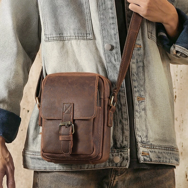 Vintage 100% Crazy Horse Genuine Leather Men's Crossbody Bag, Casual Multifunctional Anti-theft Commuting Phone Shoulder Bags
