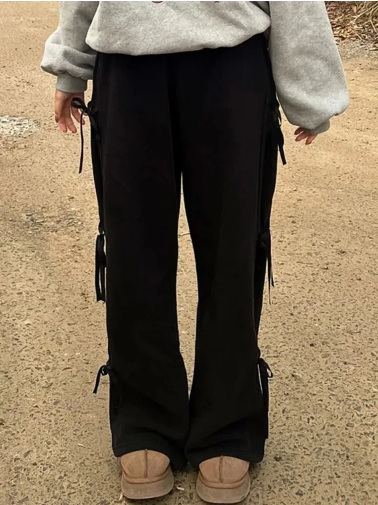 Fce Lined Autumn Winter  Knot Waist Sports Pants Wide Leg Casual Trousers Long Pants Women's Faion Streetwear