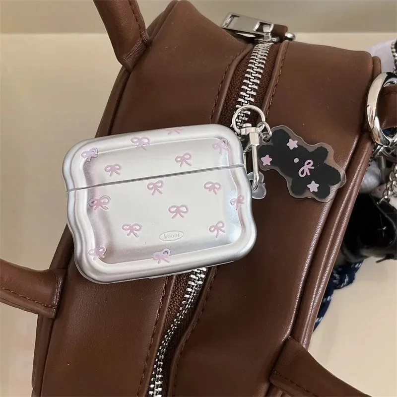 

Pink Bow Tie Earphone Case For Airpods 4 1 3 2 Cases For AirPods Pro 2 Cover Wavy Pattern Electroplating Case with Pendant 2025
