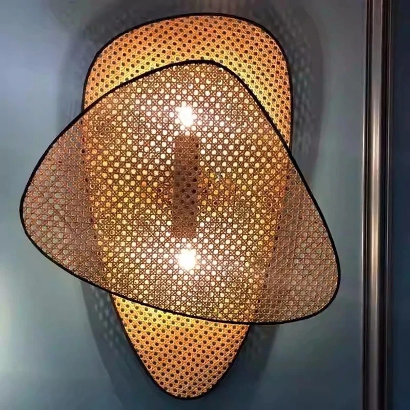 

Japanese Wabi-sabi Style LED Double headed Wall Lamp Living Room Restaurant Room Hand-woven Rattan Lamp ST64 Light Bulb