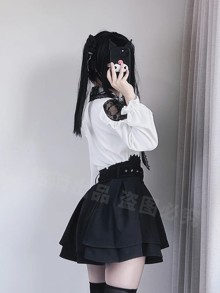 Japanese Mine Style Lace Splicing Big Lapel Bow Long Sleeve Shirt High Waist Belt A-line Suspender Skirt Two-piece Set Women