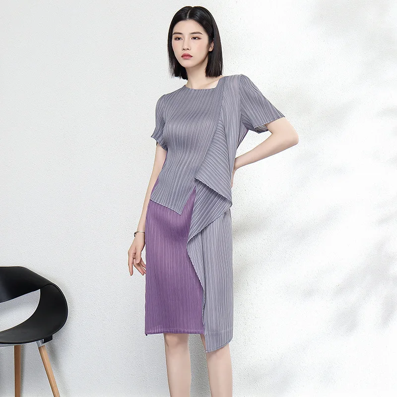 

Miyake Pleated Waist Dress 2025 Summer New Slim Design Color Collision Irregular Medium Long Skirt